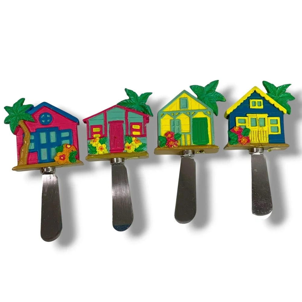 Set of 4 Cheese and Butter Spreader Knives Caribbean Cottage Colorful Stainless